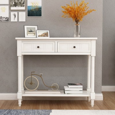 Console Tables, Farmhouse Entryway Table With 2 Drawers, Bottom Shelf, Solid Wood Frame And Legs,abstract,retro blue,35.43in,2.95ft