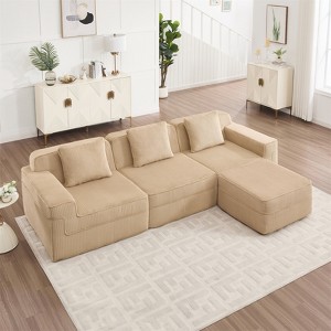RISOKEYS Modular 3 Seat L Shape Sectional Boneless Sofa - Corduroy Cloud Sectional Couch with Deep Seat,Pillows & 1 Movable Ottoman - 1 of 4