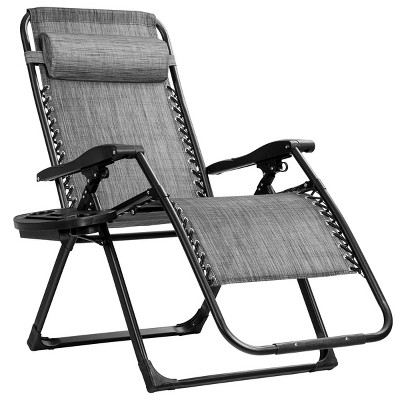 Tangkula Oversized Zero Gravity Lounge Chair Folding Recliner w/ Cup Holder & Pillow, Gray