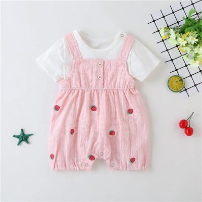 MyKids-USA Baby Girl 1pcs Plaid Graphic Strawberries Embroidery Snap Button Jumpsuit & Solid Tee Sets