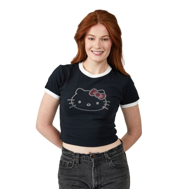 Hello Kitty Character Face Outline Crew Neck Short Sleeve Black Women's Crop Top Baby Tee, 1 of 5