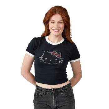 Hello Kitty Character Face Outline Crew Neck Short Sleeve Black Women's Crop Top Baby Tee