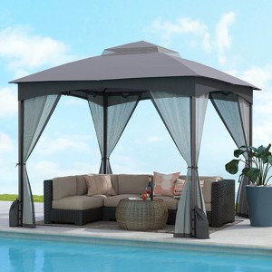 Costway 10 X 10/12 FT Patio Gazebo with Netting Walls 4 Sandbags Zippered Doors Outdoor Gray/Beige - 1 of 4