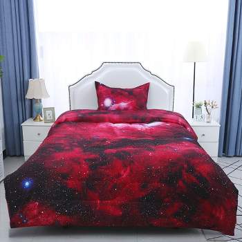 PiccoCasa Polyester Twin Galaxies All-season Reversible Comforter & Pillowcase Sets Galaxies Red 2 Pcs