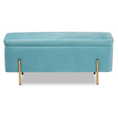 Sky Blue Velvet and Gold Metal Storage Bench
