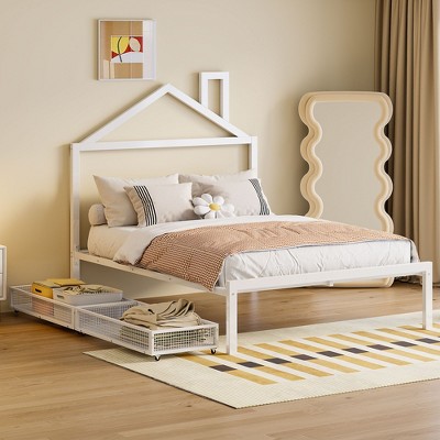 NicBex Twin/Full Platform Bed Frame with House-Shaped Headboard for Boys and Girls,Heavy Duty Metal Slats Support,Easy Assembly,White/Black/Pink
