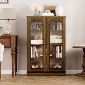 Famapy Vintage Pine Storage Cabinet Display Cabinet: Glass Doors, Intricate Carvings – Organize with Elegance - 1 of 4