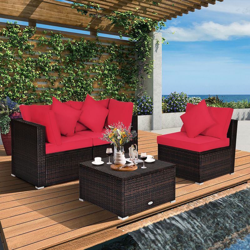 Costway 4PCS Patio Rattan Wicker Furniture Set Cushioned Sofa Ottoman Garden Turquoise\Red, 3 of 11