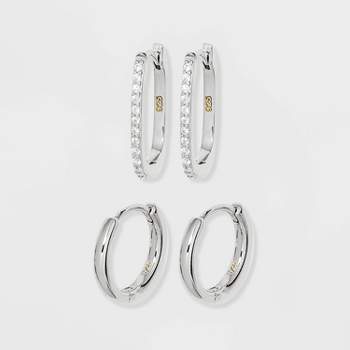 Sterling Silver Polished Round and Pave Rectangular Huggie Hoop Earrings 2pc - A New Day™ Silver