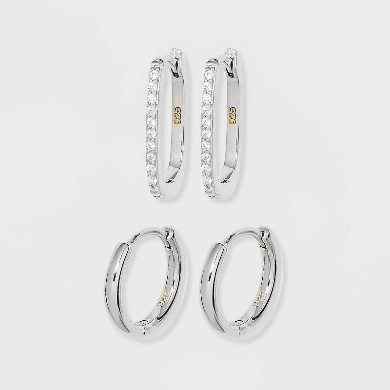 Sterling Silver Polished Round and Pave Rectangular Huggie Hoop Earrings 2pc - A New Day&#8482; Silver, 1 of 3