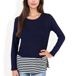 Anna-Kaci Women's Top with Striped Hem Contrast Layered Look Casual Comfortable Tunic Style - 1 of 4