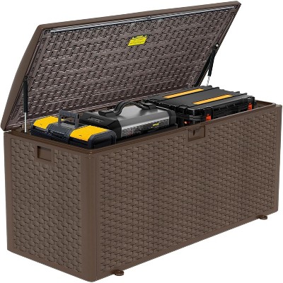 BI&SEA 150 Gallon Lockable Resin Deck Box,Waterproof Outdoor Storage Box for Outdoor Cushion Storage,Garden Tools & Pool Accessories Storage,Brown