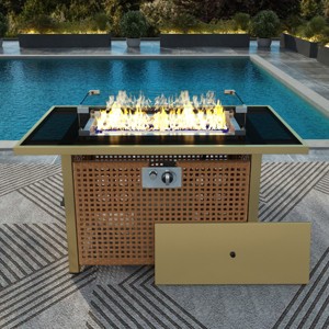 Coolbibila-43" Propane Gas Fire Pit Table, 60000 Btu Rectangular Open Weave Wicker Fire Pit With Glass Wind Guard For Outside - 1 of 4