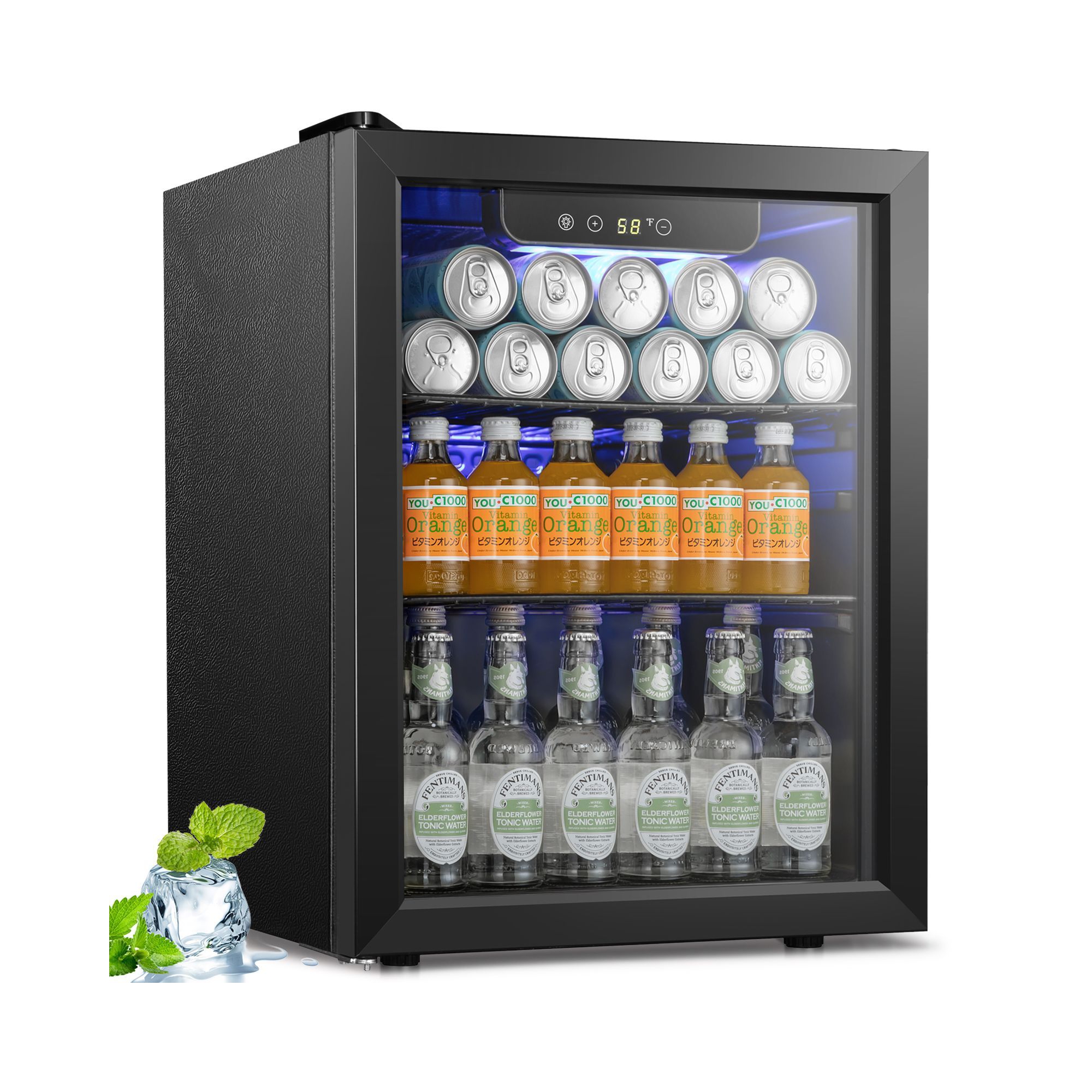 1.7 Cu.Ft Beverage Cooler,16 Bottles/68 Cans,Mini Fridge with Glass Door, Adjustable Shelves, Digital Control,LED Light,Reversible Door