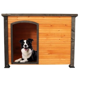 Gulches 45"Dog House Outdoor and indoor wooden kennel, winter strap with elevated feet, large dog weatherproof (gold red and black) - 1 of 4