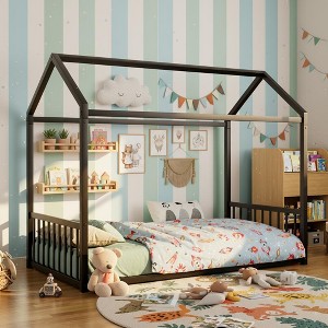 Polibi Montessori Metal House Floor Bed Frame with Vertical Guardrails - 1 of 4