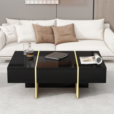 Coffee Table, Modern Retro Rectangular Side Table, High Gloss Coffee Table End Tables With 2 Drawers For Office Home Waiting Room Living Room
