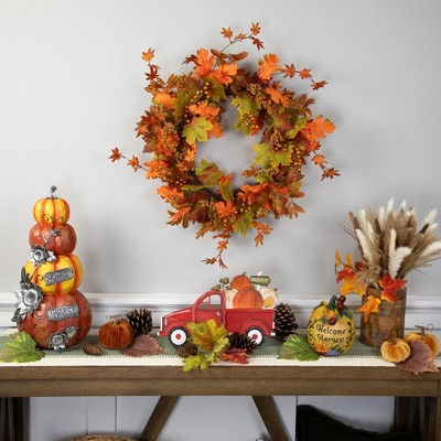 Red Wooden Truck with Pumpkins Harvest Tabletop Decoration