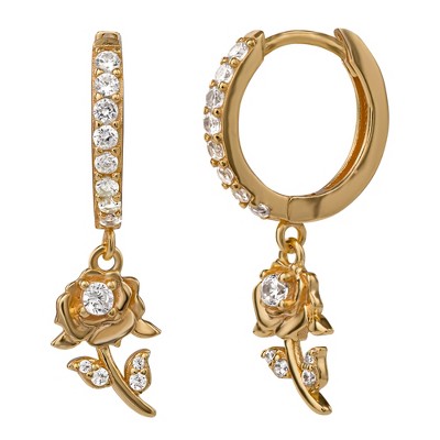 Disney Beauty and the Beast Gold Plated Sterling Silver Cubic Zirconia Huggie Hoop Earrings