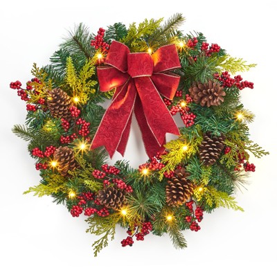 24 Inch Red Green Pine Cone Christmas Wreath with Ribbon, Winter Wreath 20 LED Modes Battery Powered for Holiday Display
