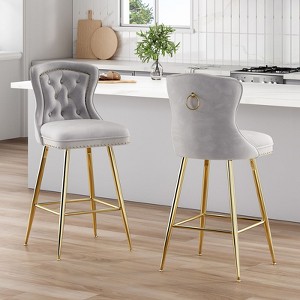 PexFix 2Pcs Bar Stools Velvet Counter Height Bar Stools with Metal Legs Button Tufted and Nailheads Trim Wing-Back Bar Chairs Grey - 1 of 4