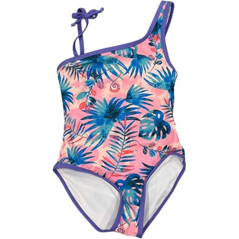 GO COCO Big Girls’ One Piece One Shoulder Swimsuit, Multi/Tropical Floral, 12/14