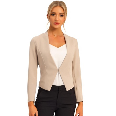 Allegra K Women's Collarless Work Office Long Sleeve Cropped Blazers Camel  X-Small