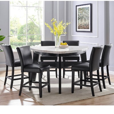 Transitional 60" Round Marble & Wood Counter Height Dining Table