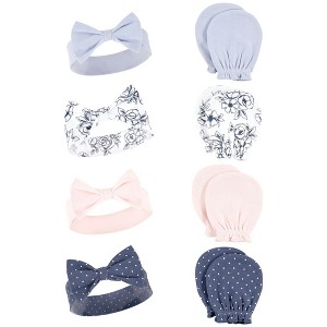Hudson Baby Infant Girl Cotton Headband and Scratch Mitten Set, Blue Toile, 0-6 Months - 1 of 4