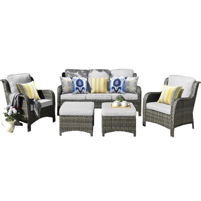 XIZZI Outdoor Patio Furniture Conversation Set 5 Pieces All Weather Wicker High Back Couch with Ottomans Gray Wicker