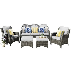 XIZZI Outdoor Patio Furniture Conversation Set 5 Pieces All Weather Wicker High Back Couch with Ottomans Gray Wicker - 1 of 4