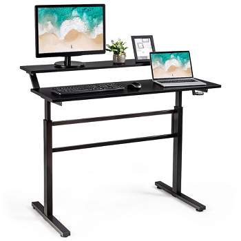 Costway Standing Desk Crank Adjustable Sit to Stand Workstation with Monitor Shelf Brown\Black
