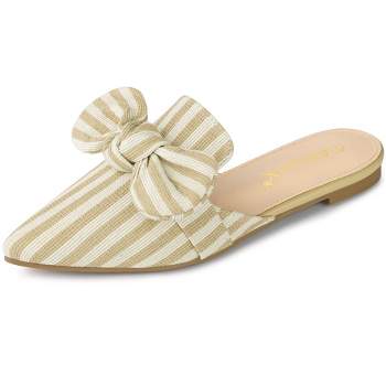 Allegra K Women's Pointed Toe Slip-on Flat Stripe Bow Slides Mules