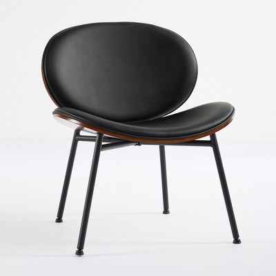 FURNIinspire Accent Chair Mid-Century Modern Shell Chair Tripod Black Leather Chair Walnut Finish Comfortable Backrest, Black, 26.70"*14.10"*23.30"