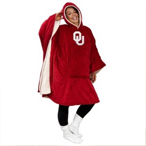 NCAA Oklahoma Sooners Team Color Bloncho with Logo Patch and Faux Shearling Inside Throw Blanket - 1 of 3