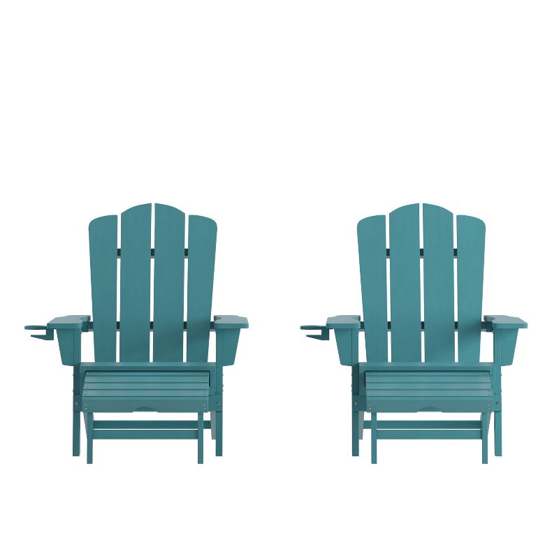 Emma and Oliver Set of 2 Adirondack Chairs with Cup Holders and Pull Out Ottoman, All-Weather HDPE Indoor/Outdoor Lounge Chairs, 1 of 12