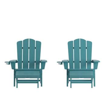 Emma and Oliver Set of 2 Adirondack Chairs with Cup Holders and Pull Out Ottoman, All-Weather HDPE Indoor/Outdoor Lounge Chairs