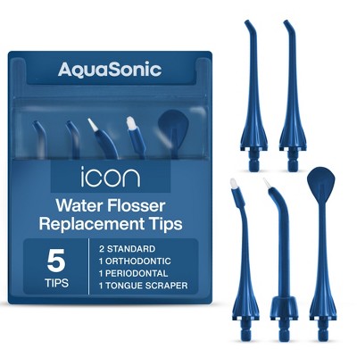 AquaSonic Icon Water Flosser Replacement Tips – 5 Tips, 4 Tip Types: Standard, Periodontal, Orthodontic & Tongue Scraper - Genuine, Authentic Part