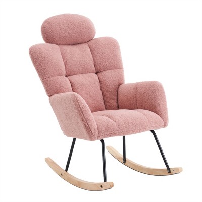 COWLOWN Teddy Fabric Rocking Glider Chair, Armchair with Headrest Pillow for Living Room & Bedroom