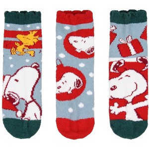 Peanuts Adult Snoopy and Woodstock Holiday 3 Pair Chenille Quarter Crew Socks with Scalloped Cuff (Sock Size 9-11) Multicoloured - 1 of 4