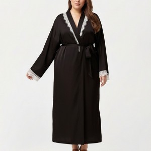 Anna-Kaci Lounge Women's Plus Size Long Robe with Lace Trim on Collar and Cuffs Featuring Soft Flowing Fabric and Adjustable Belt - 1 of 4