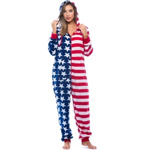 #followme Womens One Piece American Flag Adult Bodysuit Hooded Pajamas - Red, White, & Blue - 1 of 4