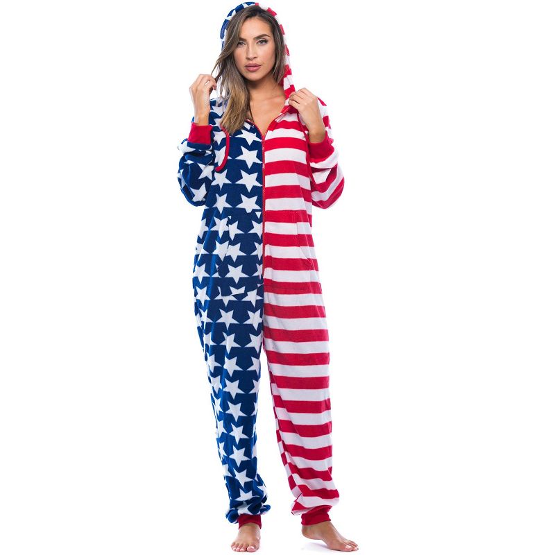 #followme Womens One Piece American Flag Adult Onesie Hooded Pajamas - Red, White, & Blue, 1 of 5