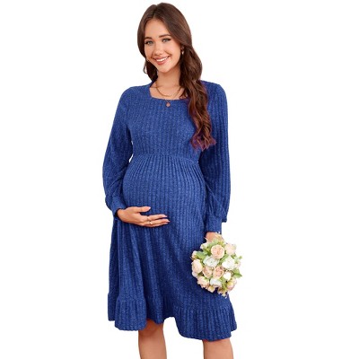 Clearlove Women Maternity Square Neck Long Sleeve Ruffle Knit Dress