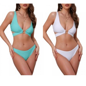 INSPIRE CHIC Women's Wide Strap O Ring Deep V Neck Tie Back Strappy Top Triangle Bottom Swimwear Bikini Suits 2 Sets - 1 of 4