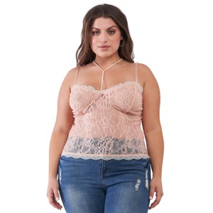 Slickblue Plus Size Sleeveless Lace Bustier Top with Halter Neck Nylon Spandex Blend, Dusty Rose, 1XL - 1 of 4