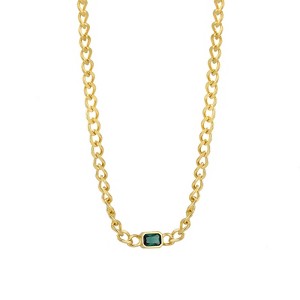 Clotth Cuban Chain Necklace with Genuine Gold Plating and Retro Green Diamond for Women - European and American Style,17.72+1.97inch - 1 of 4