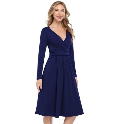 V Neck Casual Dress Long Sleeve Empire Waist Wrap Midi Party Dresses with Pockets
