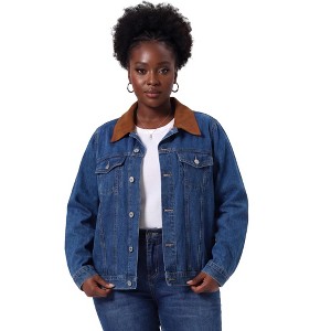 Women's Plus Size Contrast Corduroy Collar Long Sleeve Button Down