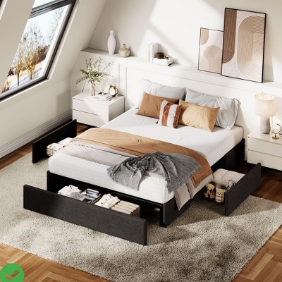 Queen/ Full/King Bed Frame with 3 Storage Drawers Fabric Upholstered Platform Bed Wooden Slats Support No Box Spring Needed